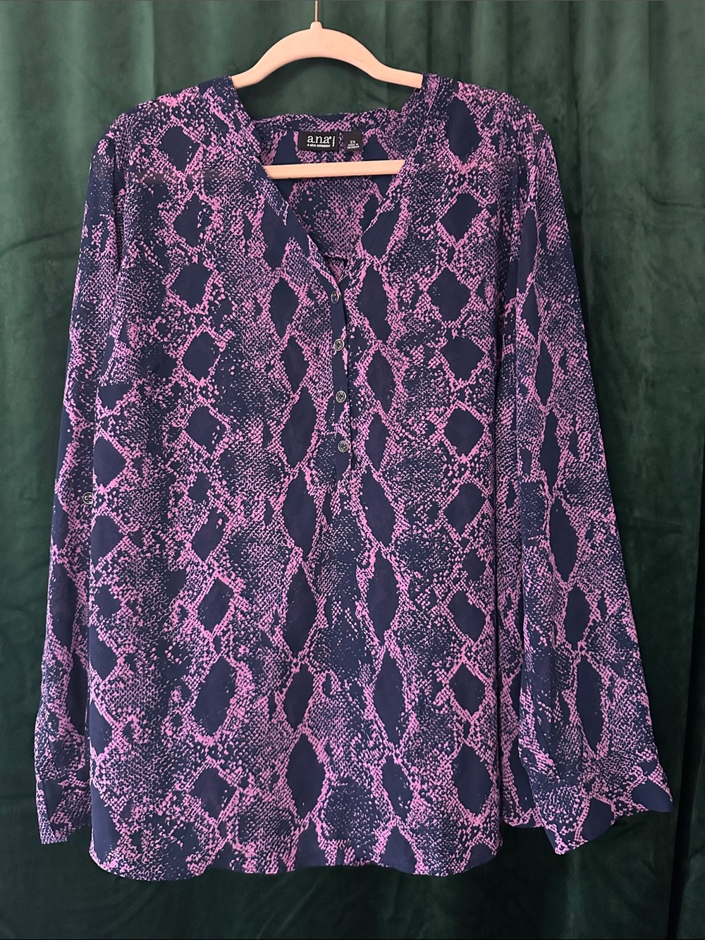 a.n.a Navy and Purple Snake-Print Long Sleeve Blouse